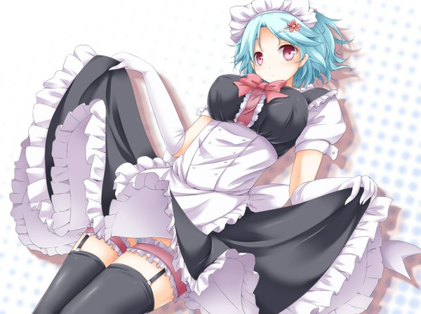 Anime picture 1316x981 with original chro single looking at viewer blush short hair light erotic red eyes blue hair maid girl thighhighs dress gloves hair ornament bow black thighhighs frills headdress hairclip