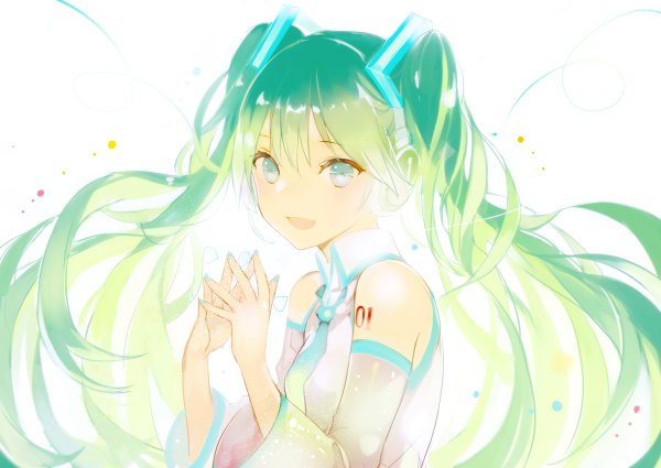 Anime picture 1200x850 with vocaloid hatsune miku lpip single looking at viewer open mouth simple background twintails green eyes very long hair nail polish green hair tattoo girl hair ornament detached sleeves necktie headphones