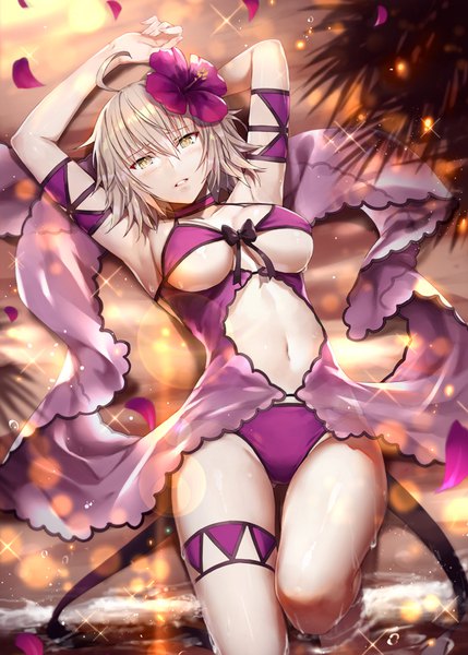 Anime picture 643x900 with fate (series) fate/grand order jeanne d'arc (fate) (all) jeanne d'arc alter (fate) gabiran single tall image looking at viewer blush fringe short hair breasts light erotic hair between eyes yellow eyes silver hair ahoge bent knee (knees) outdoors lying
