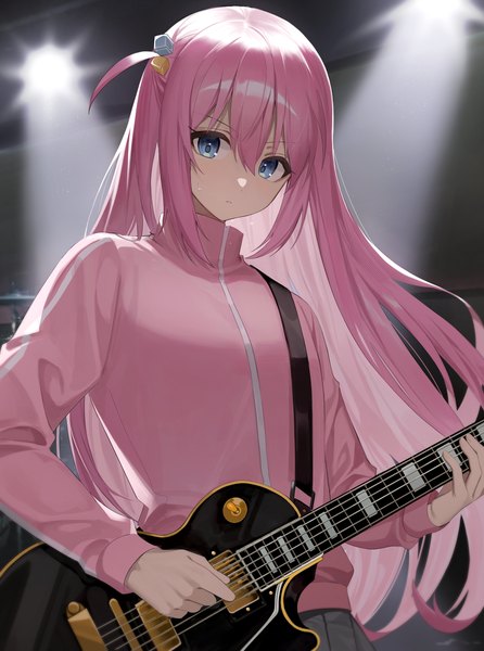 Anime picture 3043x4096 with bocchi the rock! cloverworks gotou hitori chap yun single long hair tall image fringe highres blue eyes hair between eyes pink hair absurdres upper body from below one side up playing instrument girl hair ornament musical instrument