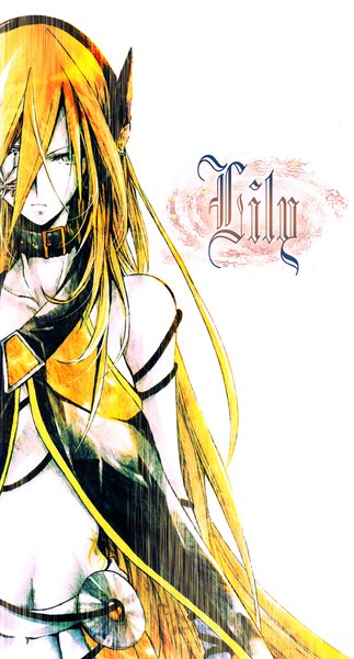 Anime-Bild 600x1113 mit vocaloid lily (vocaloid) nekoritatsuki single long hair tall image looking at viewer fringe simple background blonde hair hair between eyes white background bare shoulders pleated skirt character names girl skirt collar