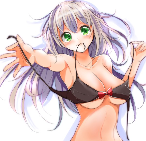 Anime picture 2659x2573 with original velia (artist) single long hair looking at viewer blush highres breasts light erotic simple background white background holding green eyes silver hair mouth hold girl swimsuit bikini black bikini