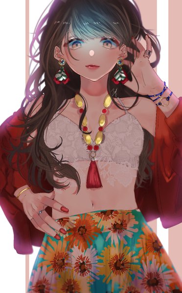Anime picture 1000x1611 with original 0-0 (zero) single long hair tall image looking at viewer fringe simple background hair between eyes brown hair bare shoulders brown eyes signed nail polish off shoulder open jacket midriff hand on hip lipstick floral print