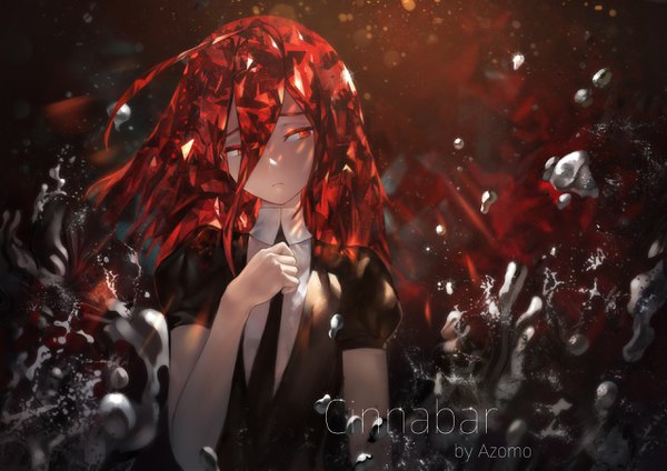 Anime picture 2546x1800 with houseki no kuni cinnabar (houseki no kuni) azomo single long hair fringe highres hair between eyes red eyes signed looking away upper body ahoge red hair short sleeves puffy sleeves expressionless androgynous adjusting necktie necktie