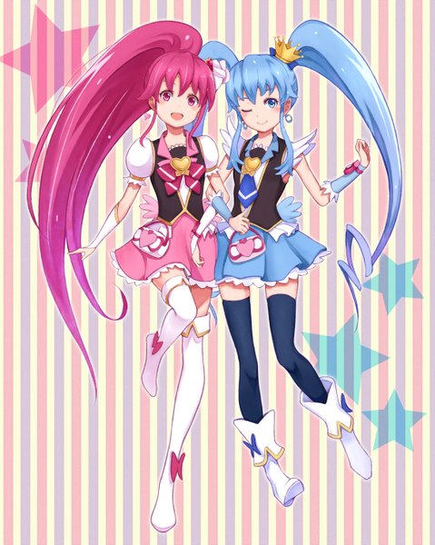 Anime picture 1100x1377 with precure happinesscharge precure! toei animation shirayuki hime aino megumi cure princess cure lovely purea tall image blush open mouth blue eyes smile twintails multiple girls blue hair pink hair full body ponytail very long hair