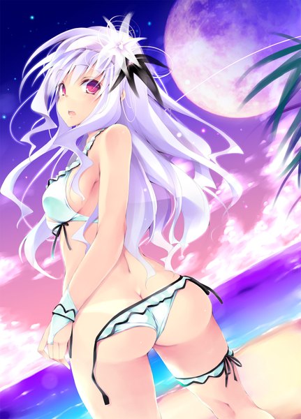 Anime picture 1400x1947 with idolmaster shijou takane ruschuto single long hair tall image looking at viewer highres light erotic red eyes standing purple eyes sky purple hair cloud (clouds) ass white hair looking back wallpaper beach