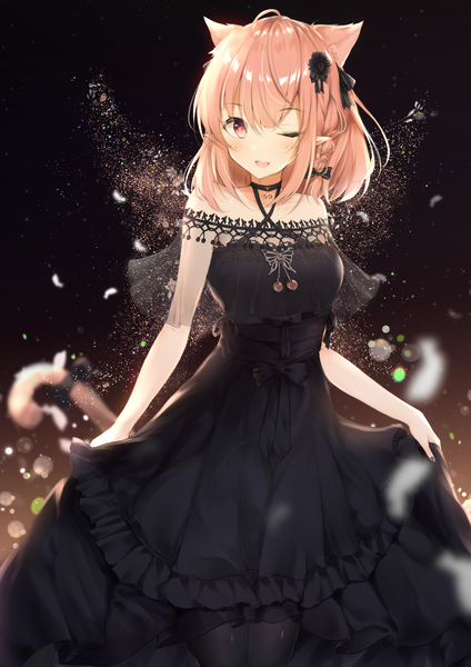 Anime picture 3541x5016 with original uzuki tsukuyo single tall image looking at viewer blush fringe highres short hair hair between eyes standing bare shoulders animal ears pink hair absurdres ahoge tail braid (braids) animal tail one eye closed