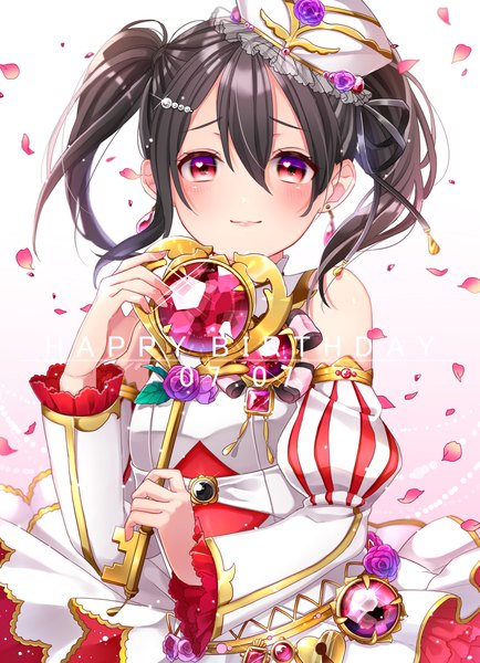 Anime picture 1419x1959 with love live! school idol project sunrise (studio) love live! yazawa nico shuga (0329tixi) single long hair tall image looking at viewer blush fringe black hair simple background hair between eyes red eyes standing twintails holding payot light smile