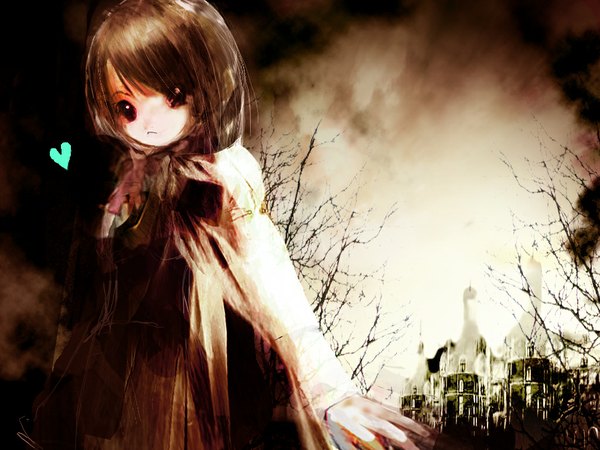Anime picture 1024x768 with original 86thunder single looking at viewer short hair brown hair black eyes girl plant (plants) tree (trees) heart building (buildings)