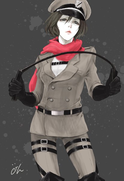 Anime picture 900x1305 with shingeki no kyojin production i.g mikasa ackerman ihciuy0211 single tall image short hair black hair looking away lips grey background grey eyes alternate costume lipstick shaded face pink lipstick white skin military girl gloves