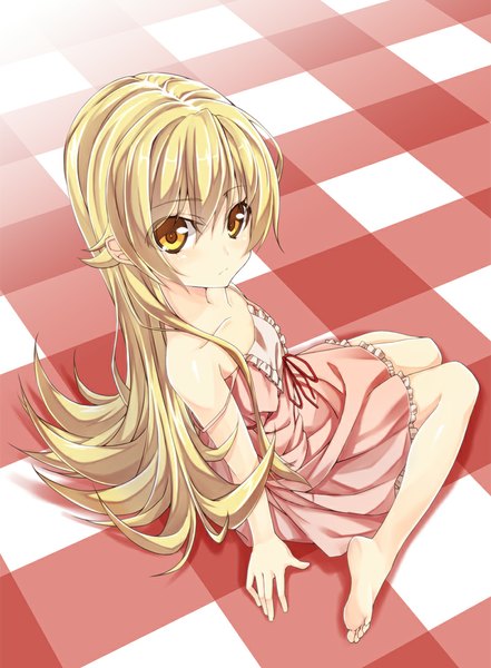 Anime picture 800x1087 with bakemonogatari shaft (studio) monogatari (series) oshino shinobu ochikochi (totika) single long hair tall image looking at viewer blonde hair sitting barefoot bare legs orange eyes loli girl dress sundress