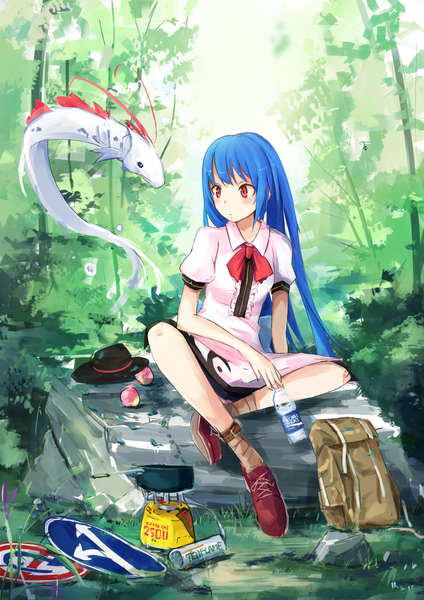 Anime picture 1500x2122 with touhou pocari sweat hinanawi tenshi tetsurou (fe+) single long hair tall image blush fringe red eyes sitting holding blue hair looking away bent knee (knees) sunlight short sleeves crossed legs girl dress