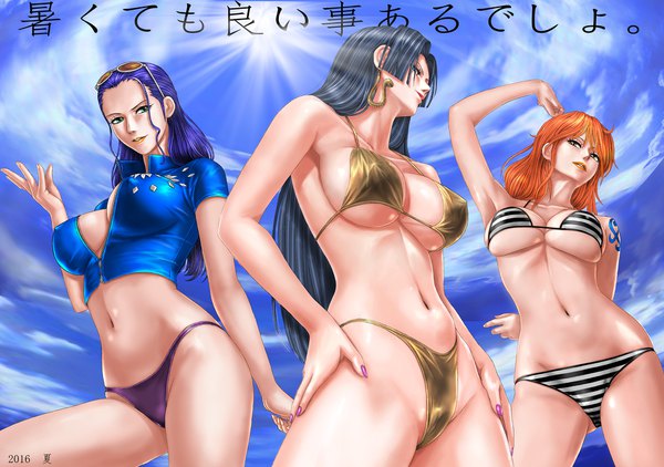 Anime-Bild 1844x1300 mit one piece toei animation nami (one piece) nico robin boa hancock toten (artist) long hair looking at viewer fringe highres breasts light erotic black hair hair between eyes large breasts standing bare shoulders multiple girls green eyes looking away