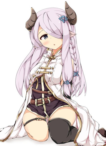 Anime picture 1085x1500 with granblue fantasy narmaya (granblue fantasy) numatoohu single long hair tall image looking at viewer blush fringe highres breasts open mouth light erotic large breasts white background sitting bare shoulders holding purple hair bent knee (knees)