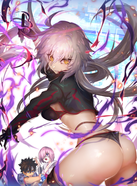 Anime picture 1483x2000 with fate (series) fate/grand order jeanne d'arc (fate) (all) mash kyrielight jeanne d'arc alter (fate) jeanne d'arc alter (swimsuit berserker) (fate) fujimaru ritsuka (male) nijimaarc tall image fringe short hair breasts open mouth blue eyes light erotic black hair hair between eyes standing purple eyes multiple girls