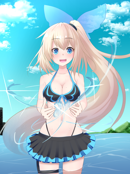 Anime picture 1500x2000 with virtual youtuber mirai akari project mirai akari pe kin gu single long hair tall image looking at viewer blush fringe breasts open mouth blue eyes light erotic blonde hair smile hair between eyes large breasts standing bare shoulders