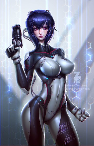 Anime picture 800x1240 with ghost in the shell production i.g kusanagi motoko paul (shiramune) single tall image fringe short hair breasts light erotic large breasts standing blue hair looking away pink eyes realistic lipstick pink lipstick girl weapon