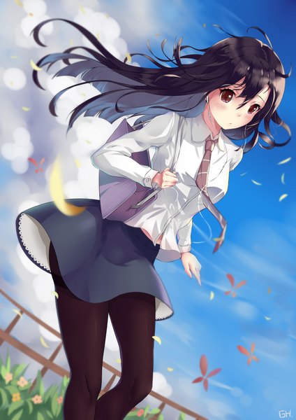 Anime picture 3307x4677 with original gh (chen ghh) single long hair tall image blush fringe highres black hair hair between eyes brown hair standing brown eyes signed looking away absurdres sky cloud (clouds) bent knee (knees) outdoors