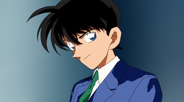 Anime picture 1699x950 with detective conan kudou shinichi kudou shin'ichi kikkusu single blue eyes black hair simple background wide image blue background boy necktie suit