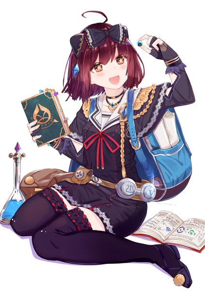 Anime picture 1240x1754 with atelier (series) atelier sophie gust (company) sophie neuenmuller ryuuno6 single tall image blush fringe short hair open mouth simple background smile brown hair white background sitting brown eyes full body ahoge :d
