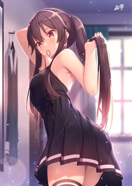 Anime picture 724x1023 with virtual youtuber .live yaezawa natori gyuunyuu bin single long hair tall image looking at viewer fringe breasts hair between eyes red eyes brown hair standing bare shoulders holding signed payot ponytail indoors