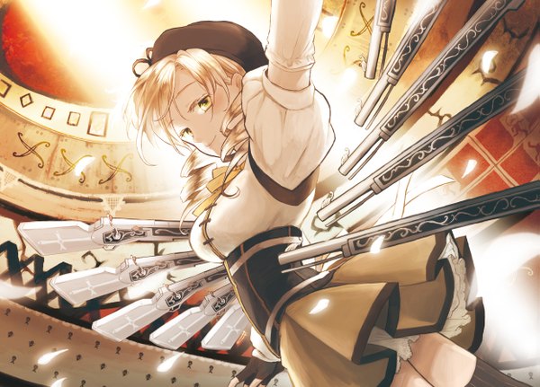 Anime picture 1247x896 with mahou shoujo madoka magica shaft (studio) tomoe mami sugi (artist) single looking at viewer short hair blonde hair smile yellow eyes drill hair underbust girl thighhighs dress skirt weapon black thighhighs fingerless gloves gun