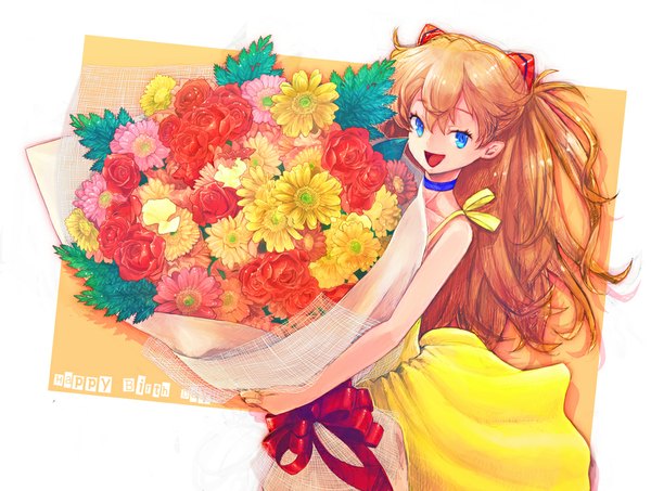 Anime picture 1000x756 with neon genesis evangelion gainax soryu asuka langley boyaking(sbf) single long hair looking at viewer open mouth blue eyes simple background orange hair happy birthday girl flower (flowers) sundress bouquet