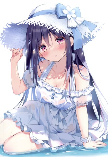 Anime picture 2405x3485 with original uta-chan (pan (mimi)) pan (mimi) single long hair tall image looking at viewer blush fringe highres breasts light erotic black hair simple background hair between eyes red eyes white background sitting bare shoulders head tilt