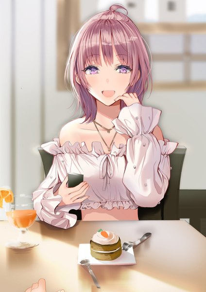 Anime picture 744x1052 with original lloule tall image looking at viewer blush fringe short hair open mouth smile sitting purple eyes bare shoulders holding pink hair upper body ahoge indoors long sleeves :d off shoulder