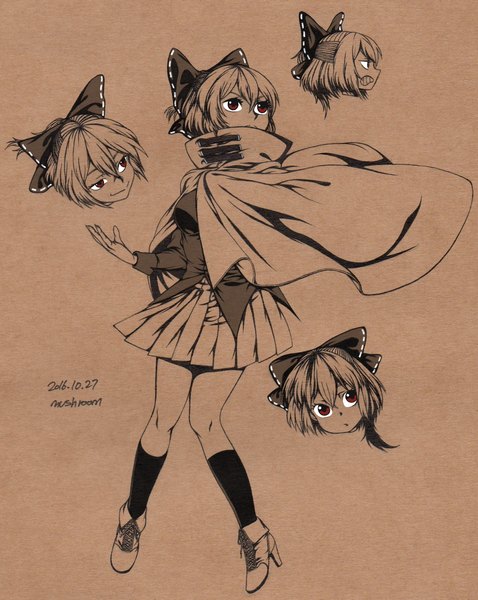Anime picture 1807x2267 with touhou sekibanki mushroom (osh320) single tall image fringe highres short hair simple background hair between eyes red eyes signed looking away full body pleated skirt high heels dated monochrome brown background traditional media