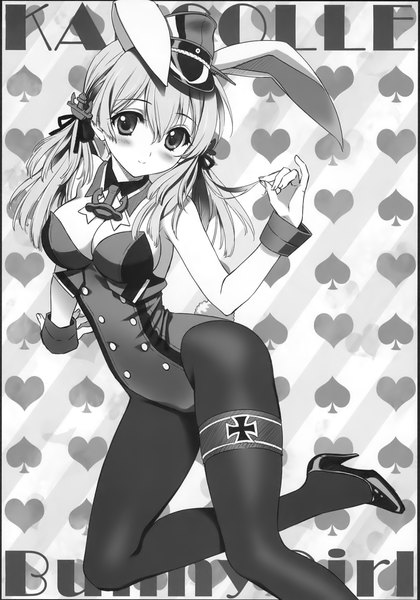 Anime picture 1372x1961 with kantai collection prinz eugen (kantai collection) carnelian single long hair tall image blush breasts light erotic twintails animal ears cleavage tail animal tail light smile high heels bunny ears monochrome short twintails bunny girl