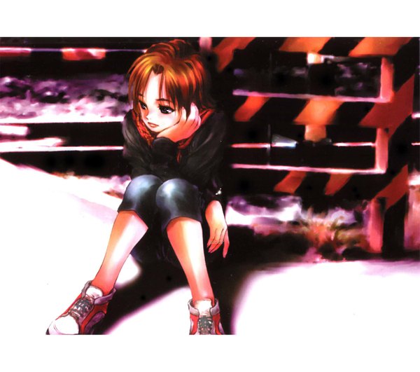 Anime picture 2000x1772 with original haruhiko mikimoto single highres short hair brown hair sitting black eyes girl sneakers