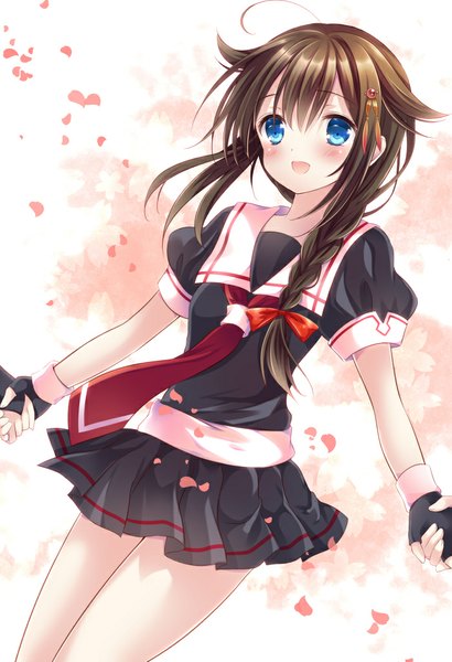 Anime picture 700x1024 with kantai collection shigure destroyer nogi takayoshi long hair tall image looking at viewer blush open mouth blue eyes brown hair braid (braids) remodel (kantai collection) girl skirt gloves hair ornament petals necktie fingerless gloves sailor suit