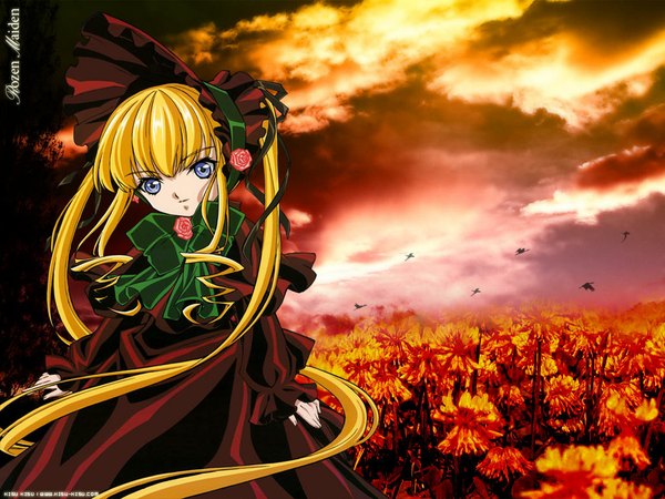 Anime picture 1024x769 with rozen maiden shinku ishii kumi single looking at viewer blue eyes blonde hair twintails signed sky very long hair wallpaper copyright name drill hair sleeves past wrists third-party edit girl dress hat red dress