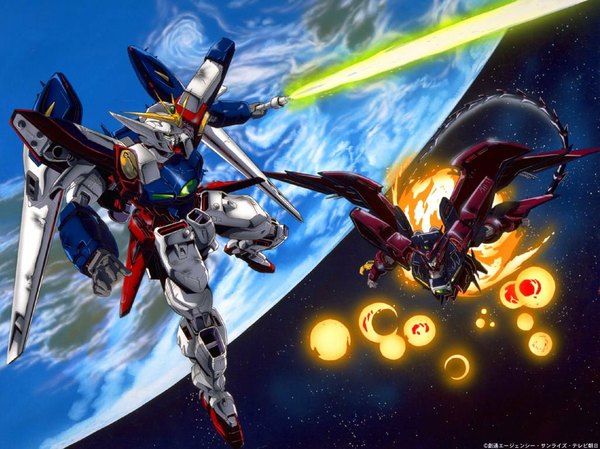 Anime picture 1025x768 with mobile suit gundam gundam wing sunrise (studio) official art wallpaper space battle jpeg artifacts sword fire mecha earth energy sword gundam epyon wing gundam zero