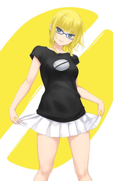 Anime picture 1279x2047 with original mele retanagua coffee-kizoku single tall image looking at viewer fringe short hair blue eyes simple background blonde hair standing blunt bangs pleated skirt bespectacled skirt hold girl skirt glasses t-shirt