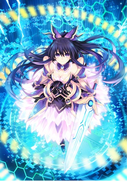 Anime picture 1280x1824 with date a live yatogami tooka tsunako single long hair tall image looking at viewer breasts black hair purple eyes bare shoulders ponytail from above official art girl gloves bow weapon hair bow huge weapon