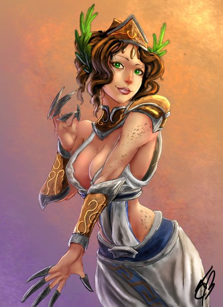 Anime picture 960x1320 with league of legends cassiopeia (league of legends) carlos eduardo single tall image looking at viewer short hair breasts light erotic brown hair green eyes cleavage lips lamia girl