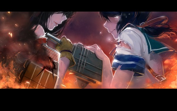 Anime picture 2040x1280 with kantai collection akagi aircraft carrier fubuki destroyer sola7764 long hair fringe highres black hair smile bare shoulders multiple girls holding tears torn clothes close-up hair over eyes no face girl gloves 2 girls