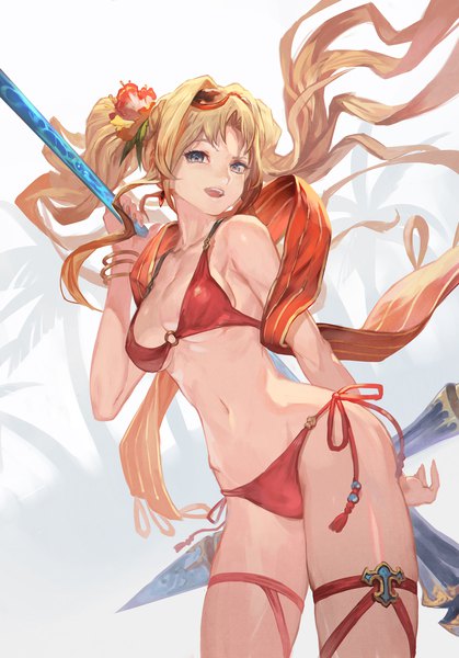 Anime picture 1396x2000 with granblue fantasy zeta (granblue fantasy) lack single long hair tall image looking at viewer breasts open mouth blue eyes light erotic blonde hair twintails :d hair flower wind underboob sunglasses on head girl flower (flowers)