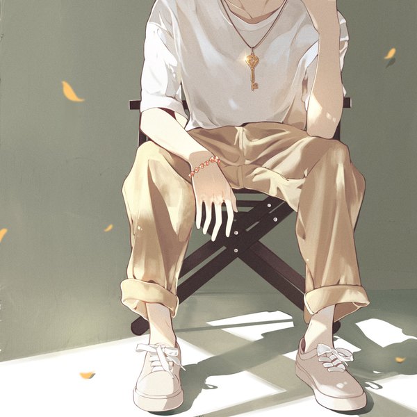Anime-Bild 2048x2048 mit tears of themis luke pearce (tears of themis) jiukuzi18797 single highres sitting shadow head out of frame boy shoes bracelet chair t-shirt sneakers key
