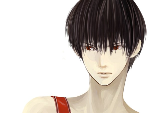 Anime picture 1024x768 with slam dunk (series) rukawa kaede jon kichi single short hair black hair simple background red eyes white background bare shoulders portrait face boy