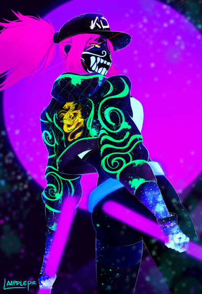 Anime picture 1920x2791 with league of legends k/da (league of legends) akali (league of legends) k/da akali laapplepie single long hair tall image looking at viewer fringe highres standing holding signed yellow eyes payot pink hair ponytail profile open jacket