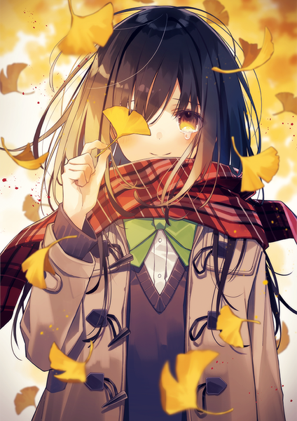 Anime picture 707x1000 with original oshio (dayo) single long hair tall image looking at viewer blush fringe smile brown hair yellow eyes upper body wind open clothes depth of field tears autumn covering eye (eyes) girl uniform