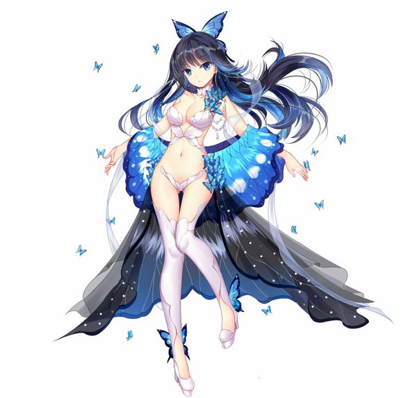 Anime picture 800x765 with sangai senki mana (418208360) single long hair looking at viewer fringe breasts blue eyes light erotic black hair simple background white background blue hair cleavage full body bent knee (knees) multicolored hair wind two-tone hair thigh gap
