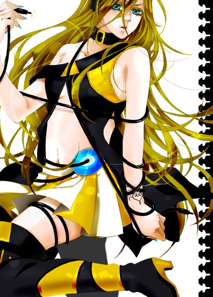 Anime picture 1361x1892 with vocaloid lily (vocaloid) single tall image fringe open mouth blonde hair very long hair aqua eyes open clothes tattoo girl skirt navel boots belt thigh boots disk