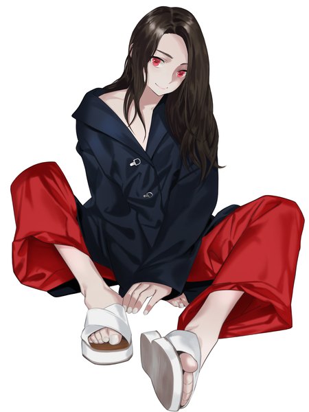 Anime picture 1500x2000 with original himmel single long hair tall image looking at viewer simple background smile red eyes brown hair white background sitting full body nail polish casual fashion toenail polish white nail polish girl pants