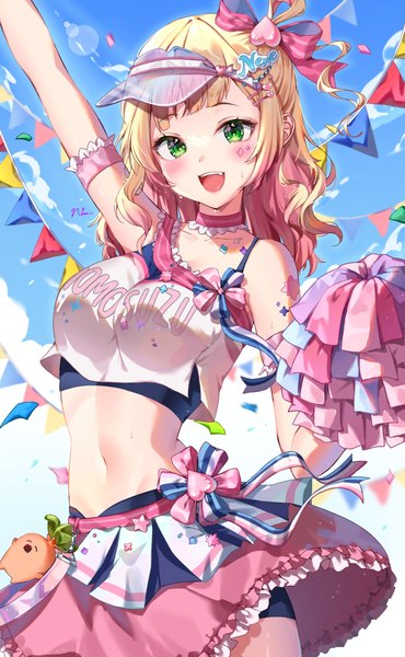 Anime picture 1562x2534 with virtual youtuber hololive momosuzu nene nekko (momosuzu nene) momosuzu nene (4th costume) yoitsuki nema single long hair tall image looking at viewer blush fringe breasts open mouth light erotic blonde hair smile large breasts green eyes sky
