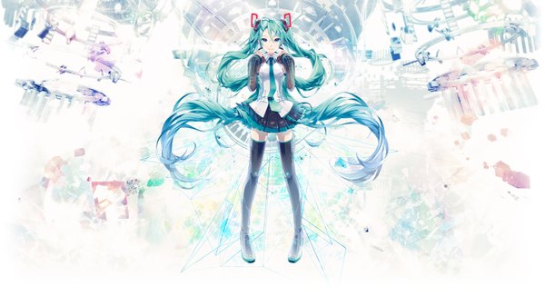 Anime picture 1645x896 with vocaloid hatsune miku hatsune miku (vocaloid3) ixima single looking at viewer wide image twintails very long hair aqua eyes aqua hair girl skirt detached sleeves necktie thigh boots
