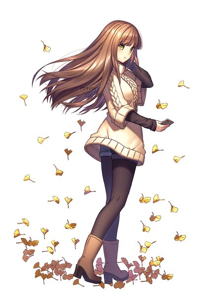 Anime picture 800x1129 with mystic messenger protagonist (mystic messenger) rosuuri single long hair tall image looking at viewer blush fringe simple background brown hair standing white background holding signed yellow eyes full body blunt bangs parted lips arm up